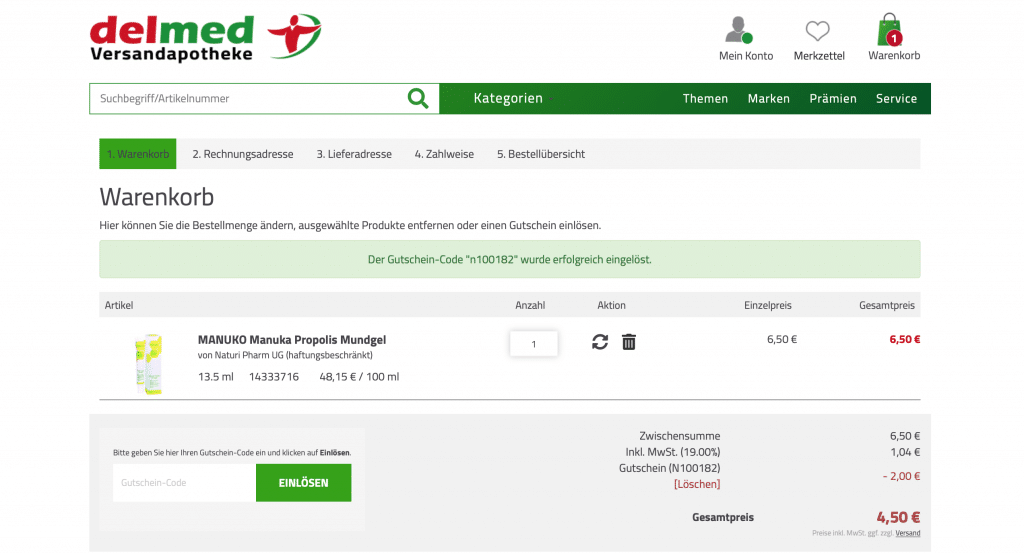 delmed Gutschein einlösen erfolgreich Rabattcode