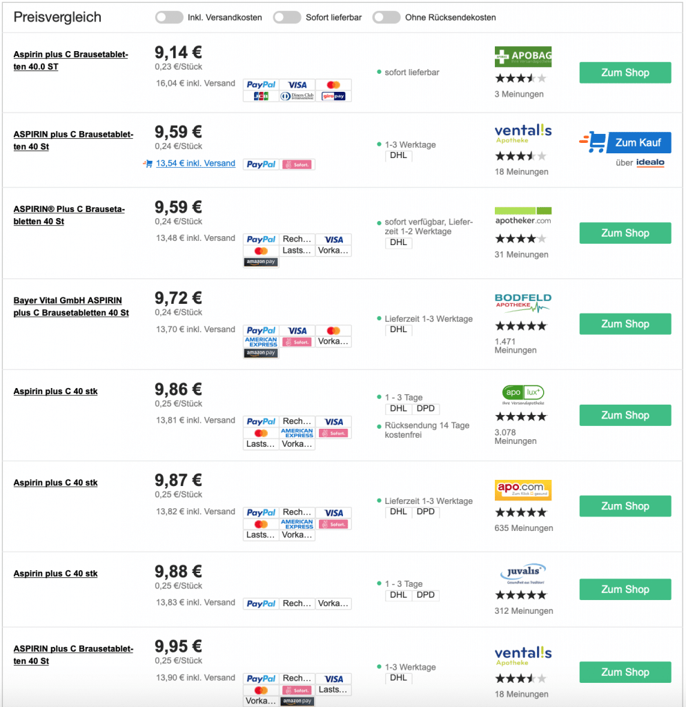 Preisvergleich Aspirin plus C Brausetabletten 40 Stück PZN 3464237