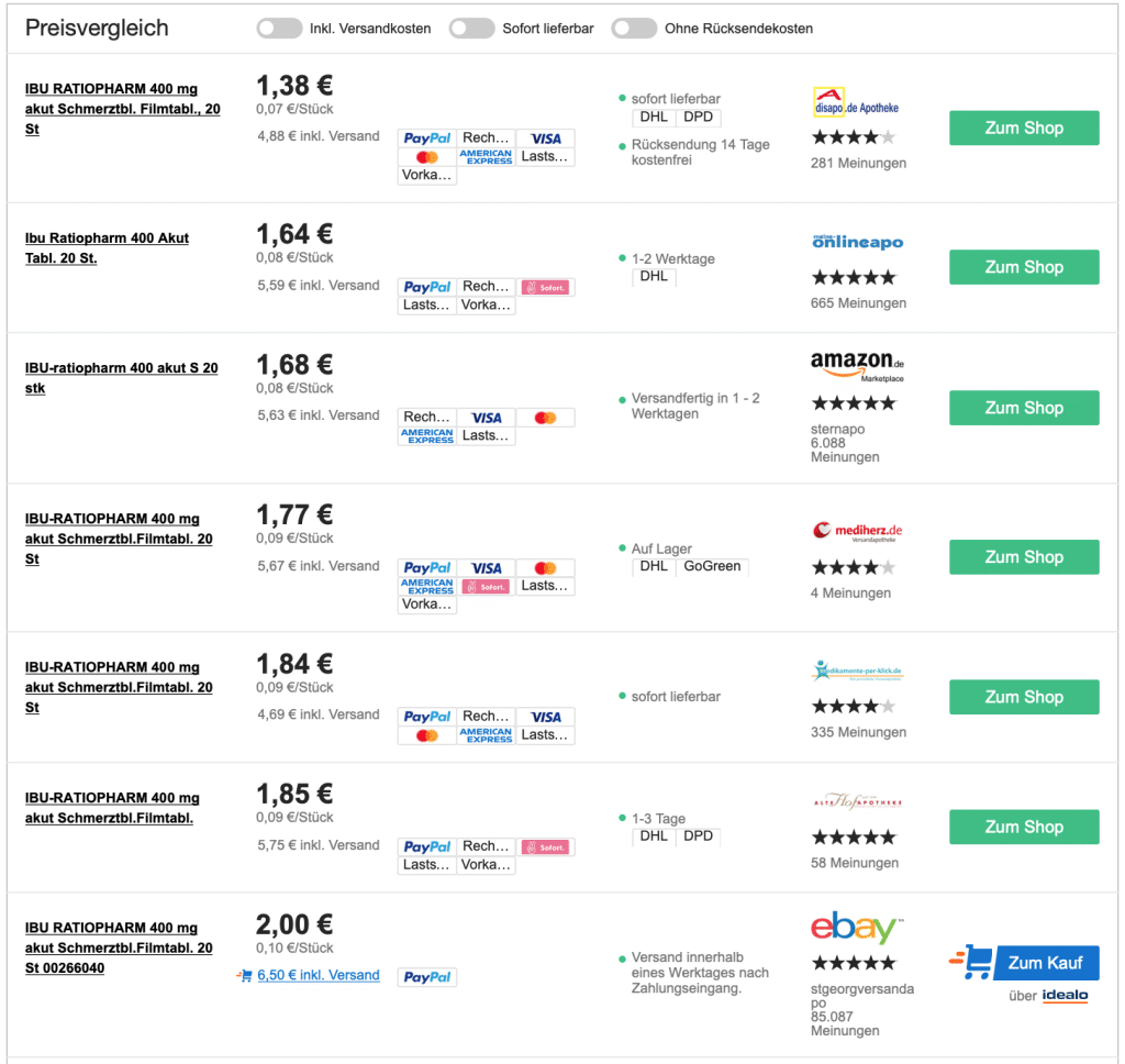 Preisvergleich Ibu-ratiopharm 400mg akut Schmerztabletten PZN 00266040