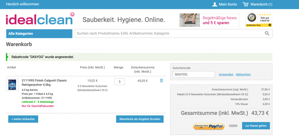 idealclean Gutschein einlösen - idealsafety Rabattcode verwenden