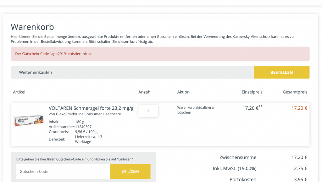 1-apo Gutscheine, Rabattcodes, Coupons Fehlermeldung