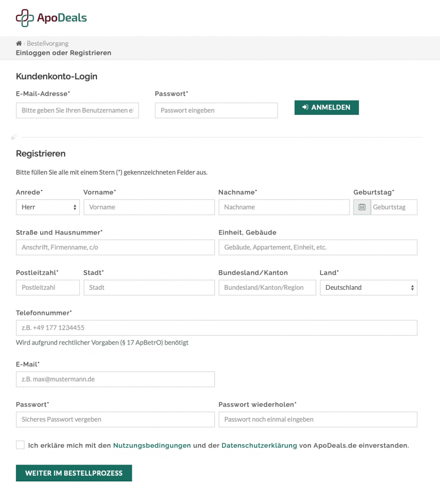 apodeals Gutscheine einlösen - Anmeldeprozess