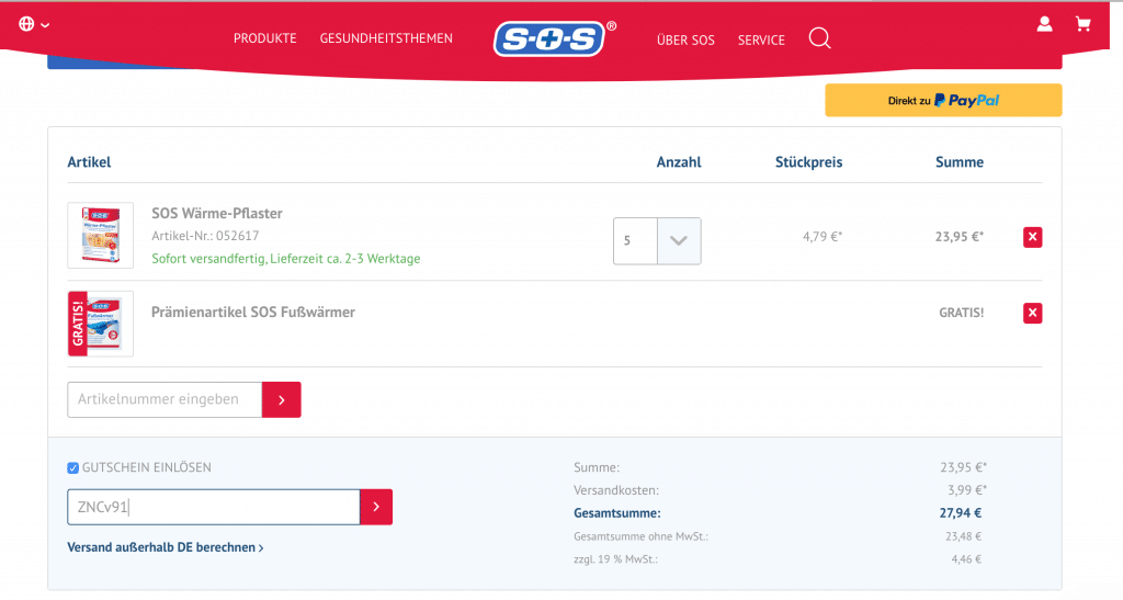 SOS Gutscheincode einlösen