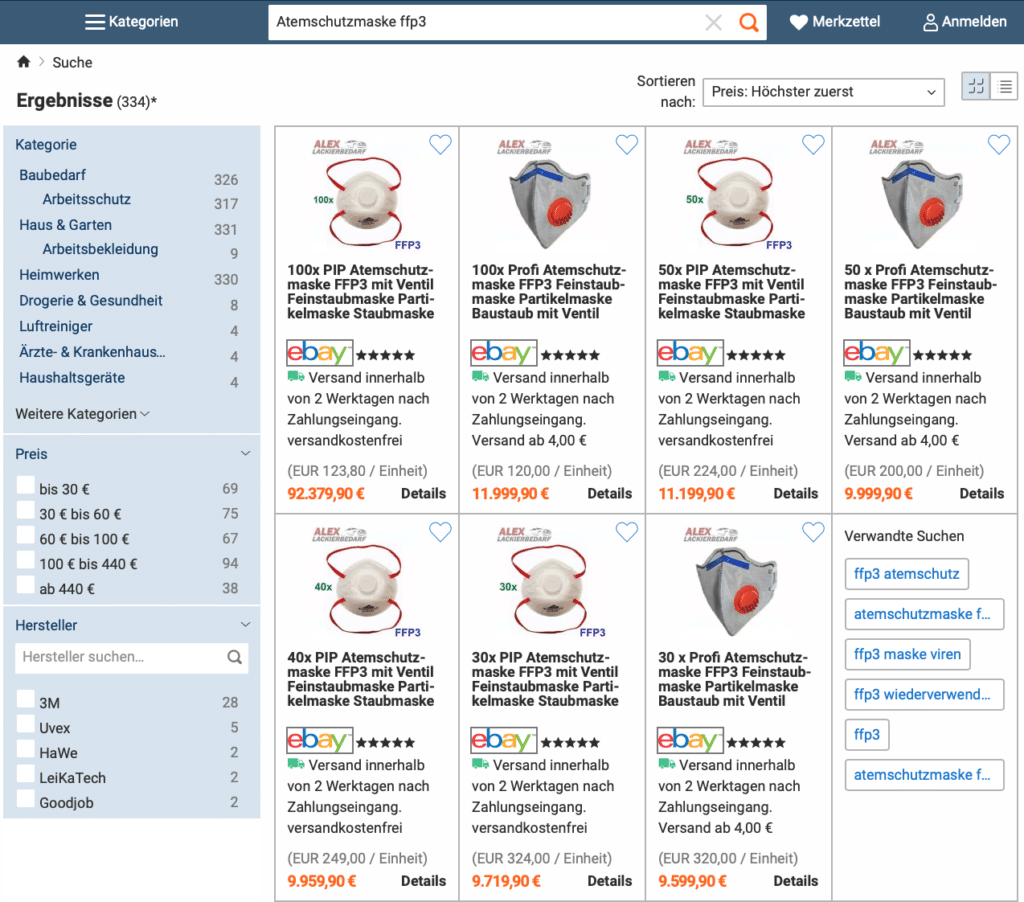 idealo Listing FFP3 Atemschutzmaske teuerste Preise zuerst