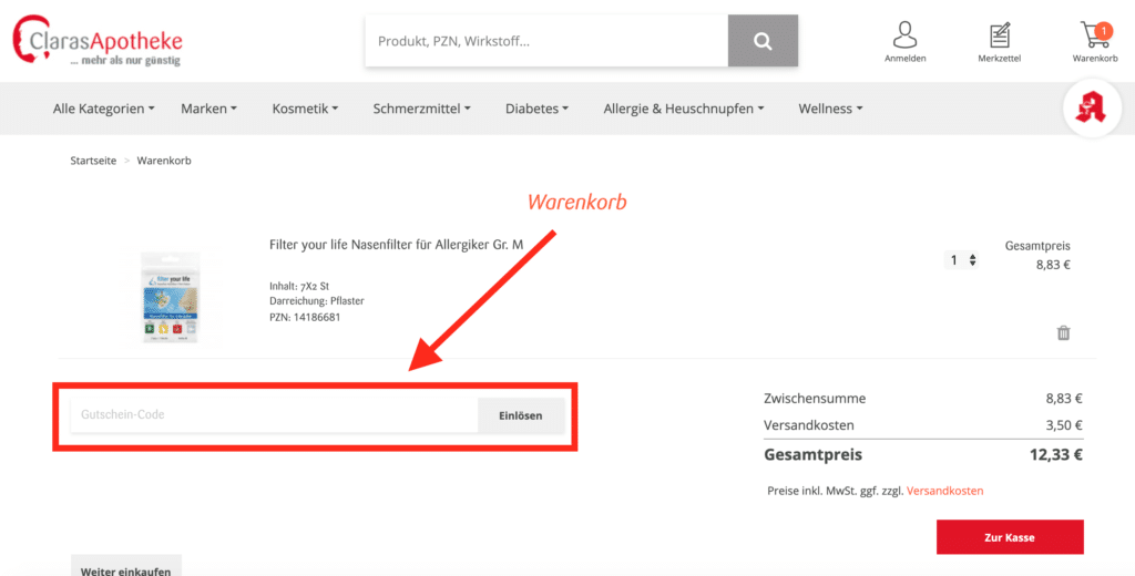 claras-apotheke Gutscheine verwenden Gutscheinfeld finden