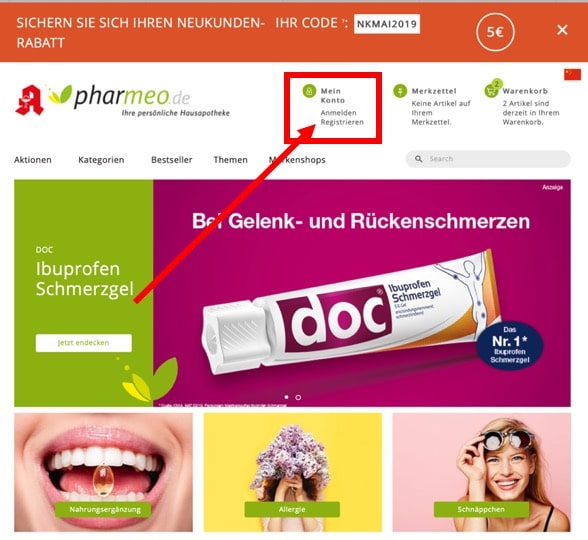 Pharmeo Registrieren anmelden um Gutschein zu verwenden