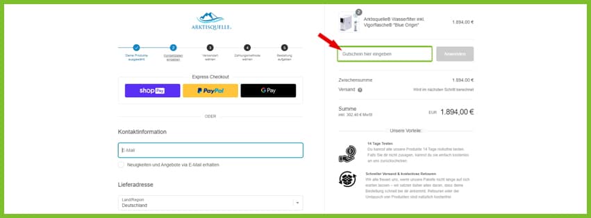 Arktisquelle Gutscheine Rabattcode einfuegen